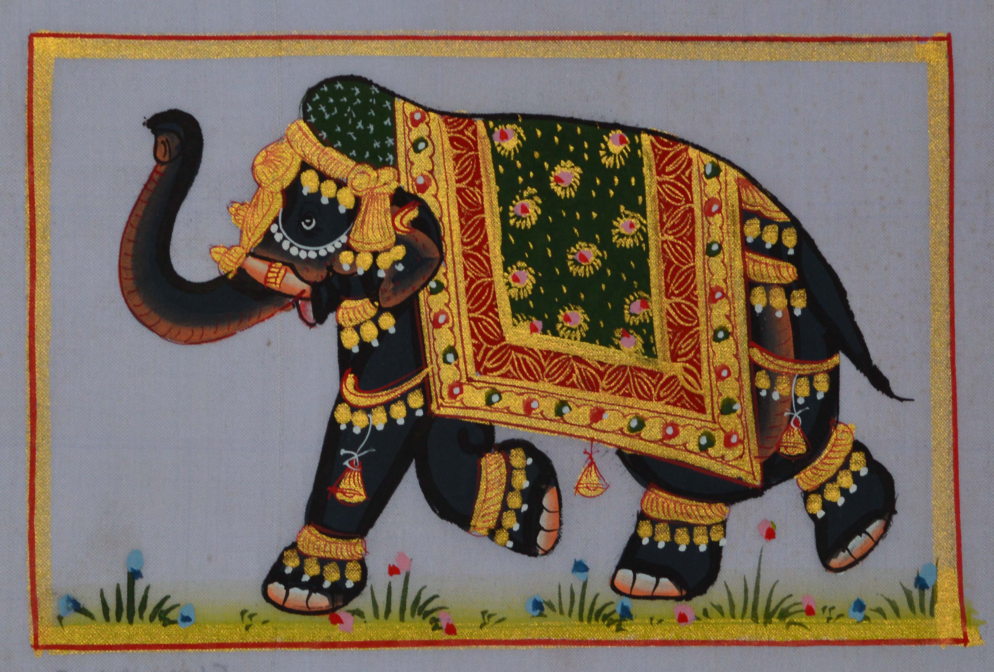 Royal Elephant decorated with Gold Ornaments on Canvas Original Art Silk Painting Kafalo