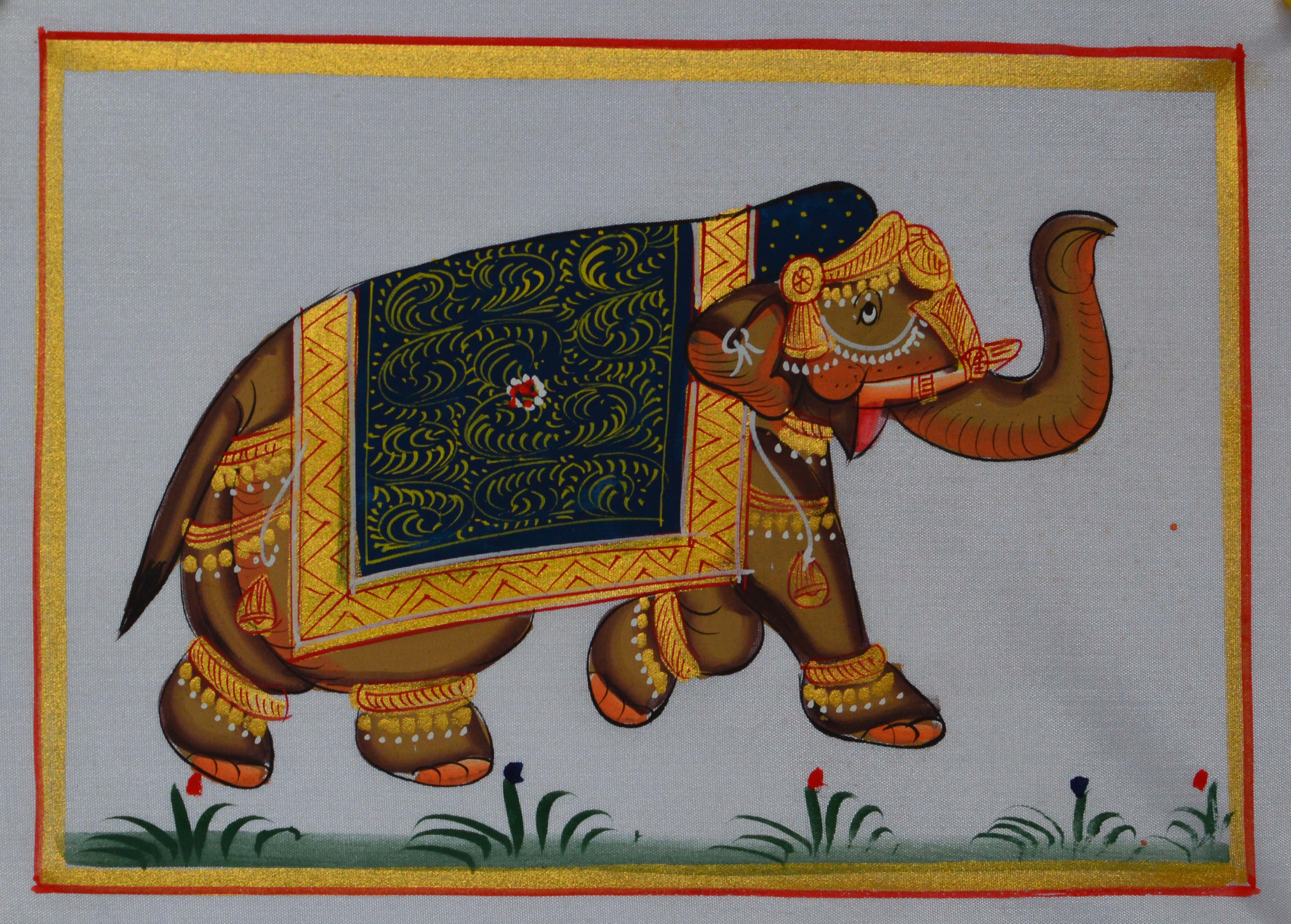 Royal Elephant Original Art Silk Painting Kafalo