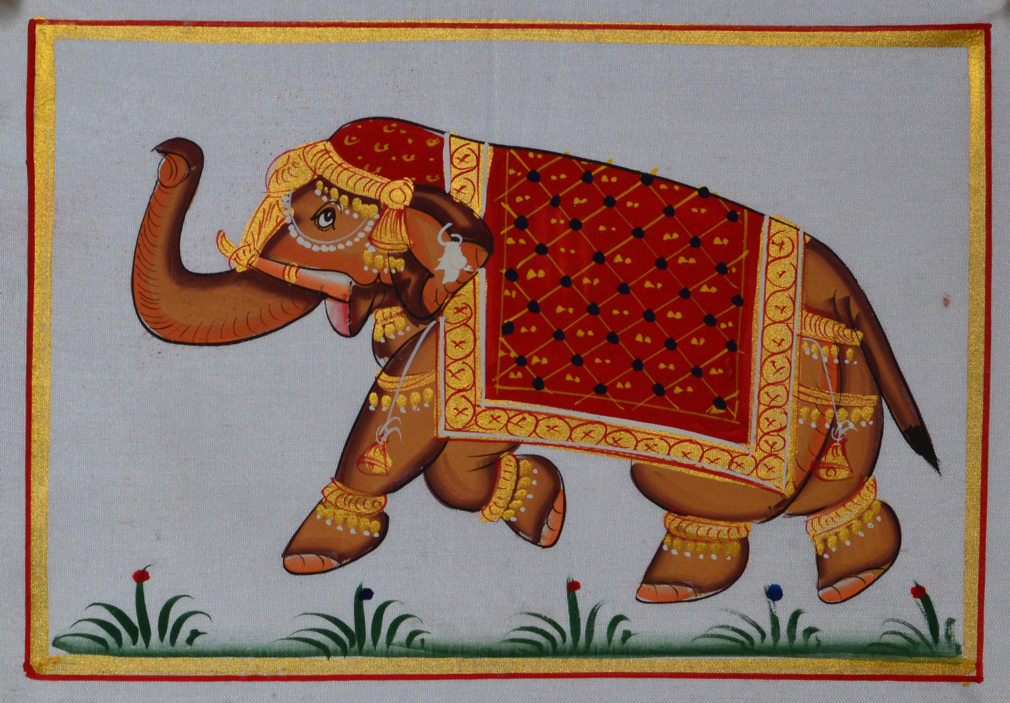 Royal Elephant Original Art Silk Painting Kafalo