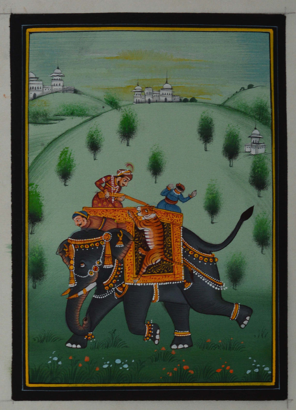 King Hunting Tiger with Sainik Original Art Silk Painting Kafalo