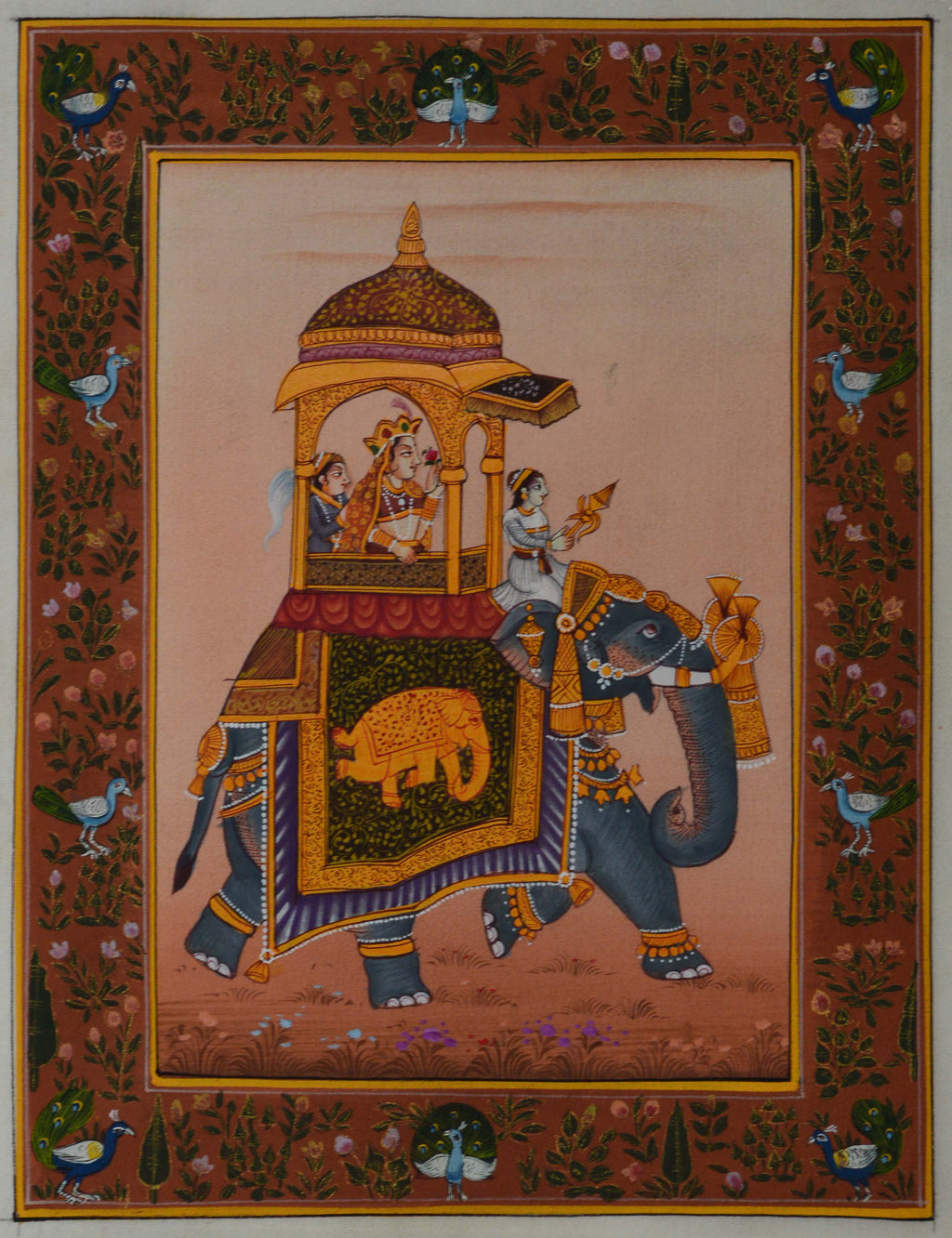 Queen on Royal Elephant Original Art Silk Painting Kafalo