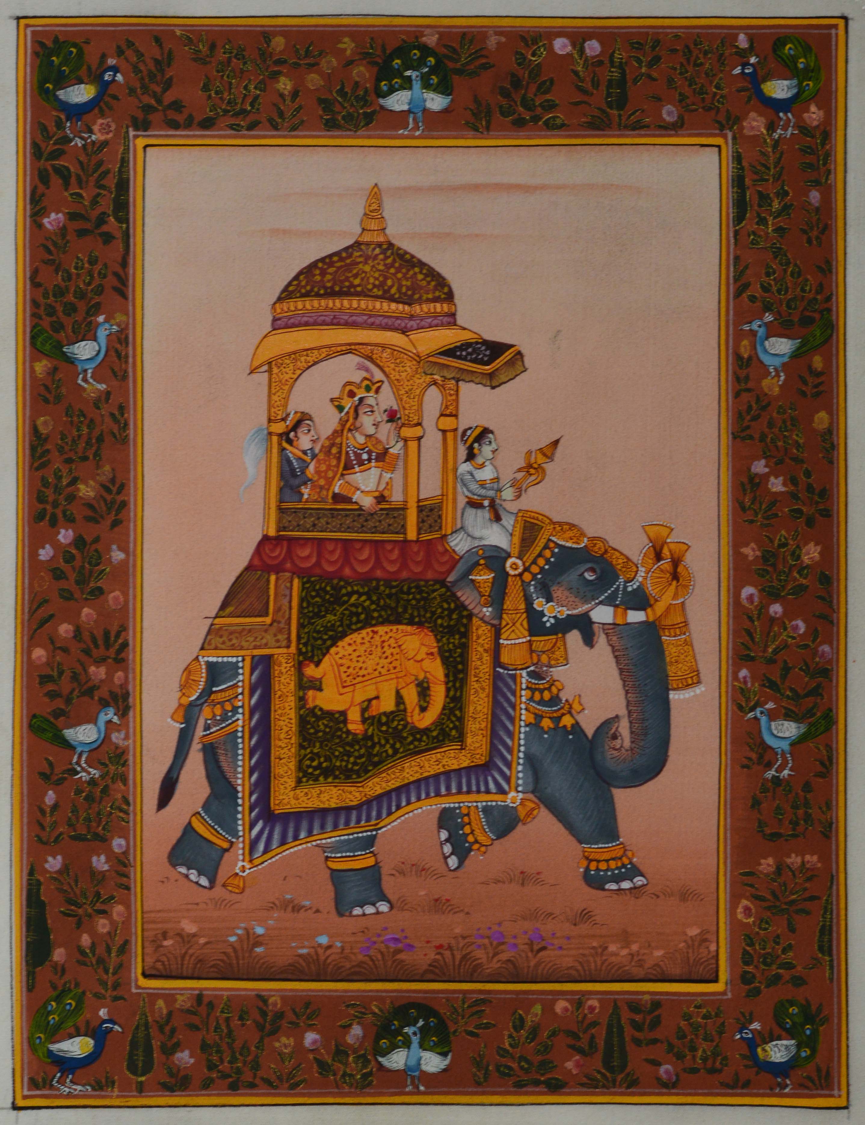 Queen on Royal Elephant Original Art Silk Painting Kafalo