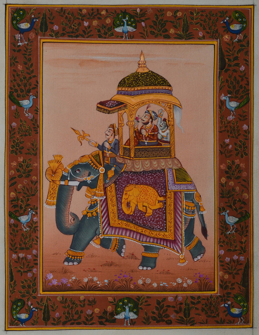 King on Elephant Original Art Silk Painting Kafalo