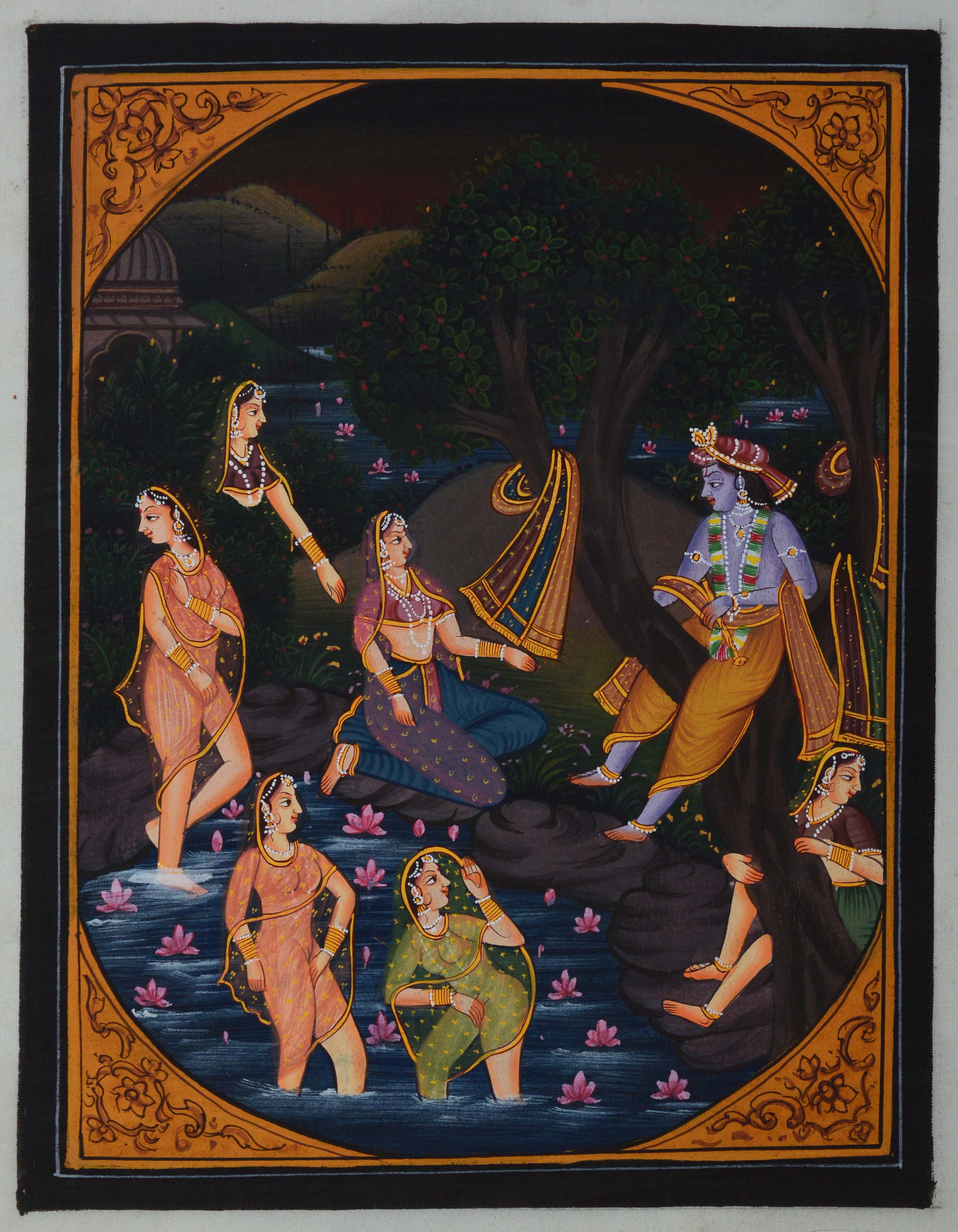 Krishna Playing with Gopis in Pond Original Art Silk Painting Kafalo