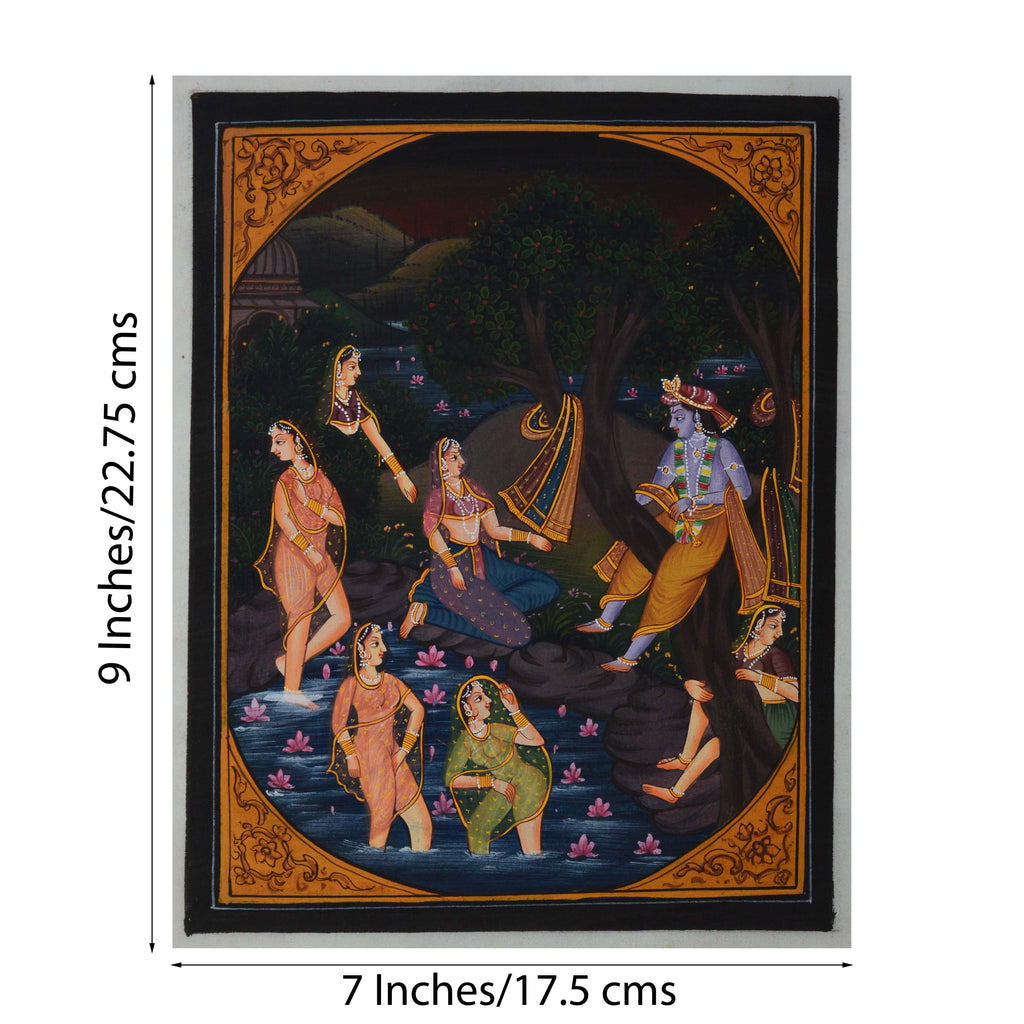 Krishna Playing with Gopis in Pond Original Art Silk Painting Kafalo