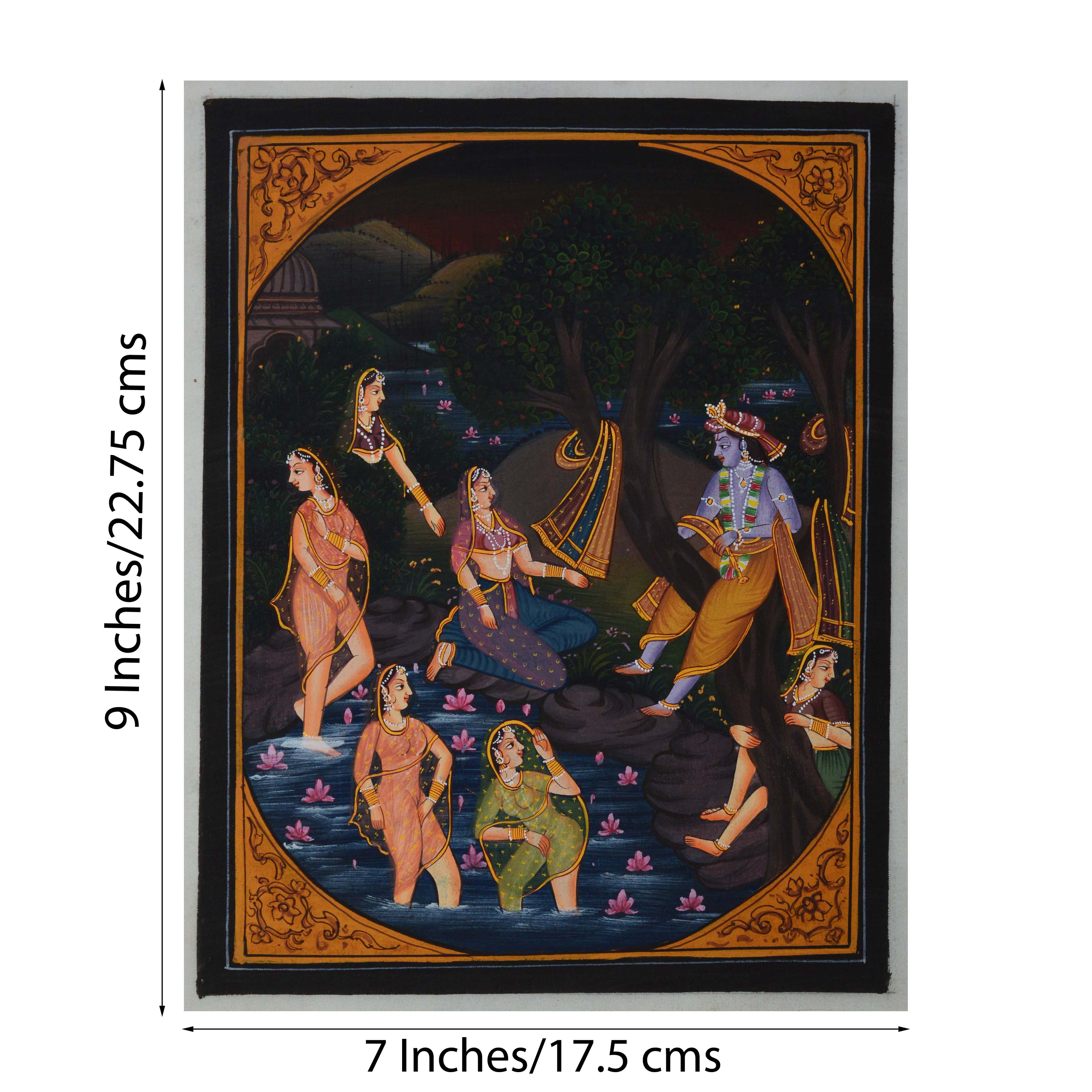 Krishna Playing with Gopis in Pond Original Art Silk Painting Kafalo