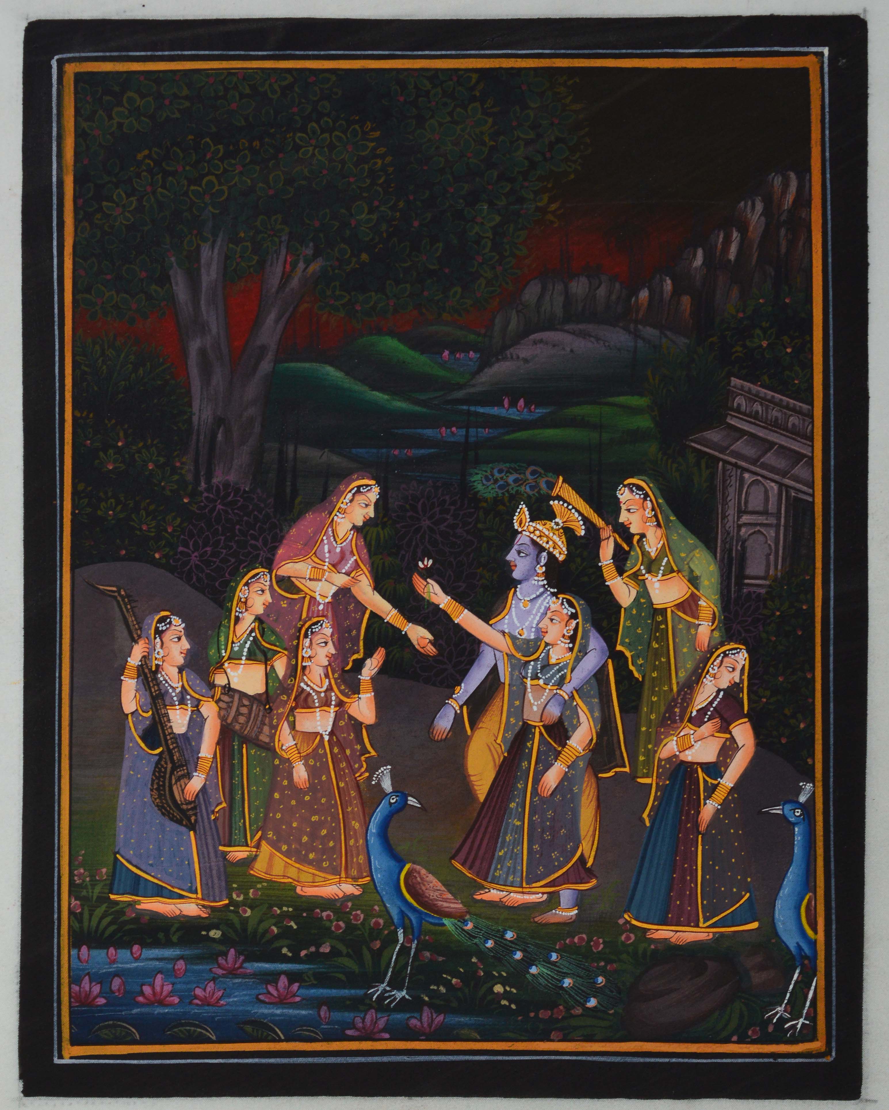 Radha Krishna entertained by Gopis Original Art Silk Painting Kafalo