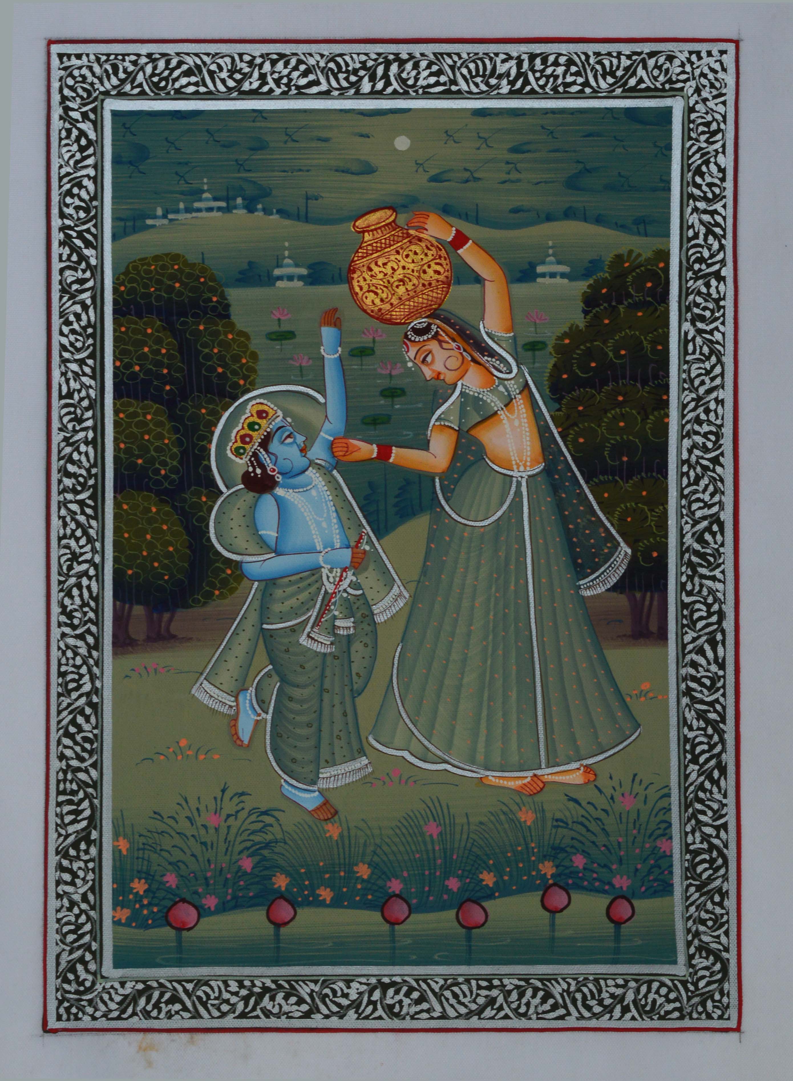 Bal Krishna Teasing Gopi for Makhan Original Art Silk Painting Kafalo