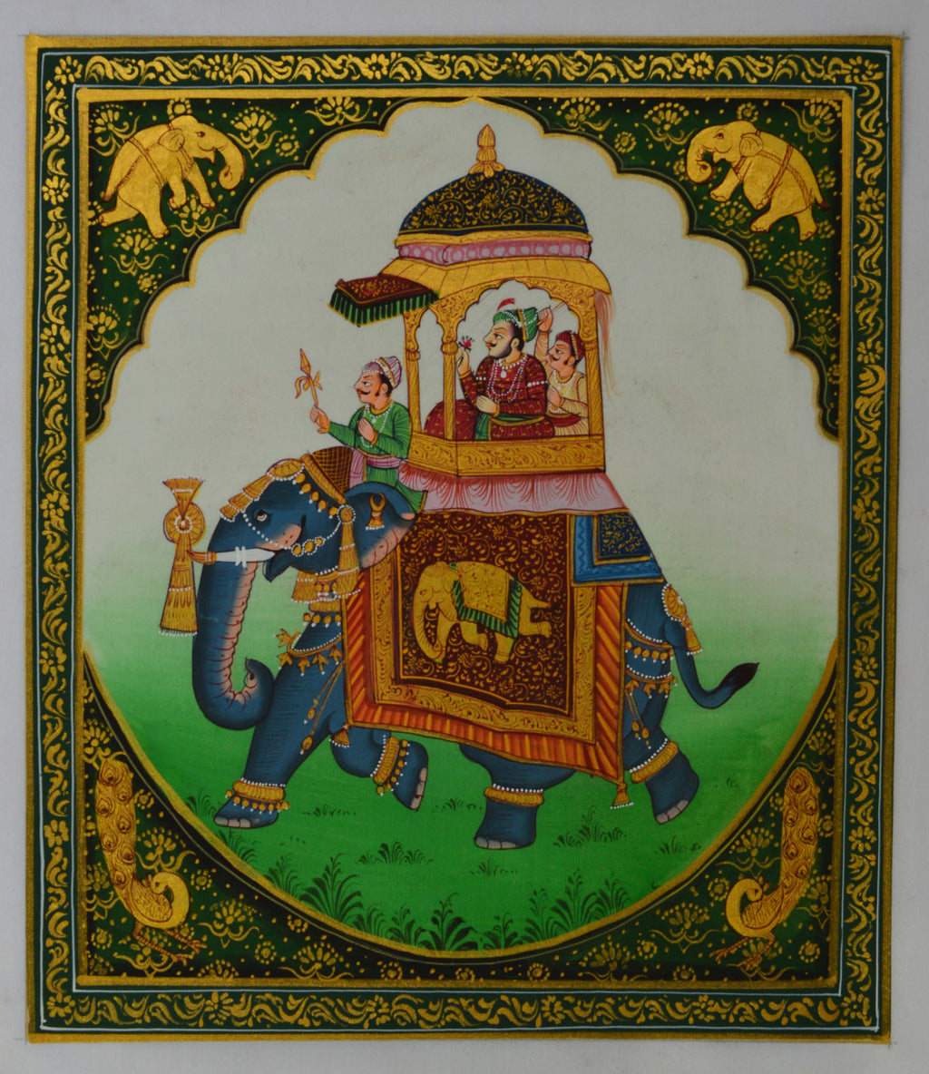 Royal King on Elephant Original Art Silk Painting Kafalo