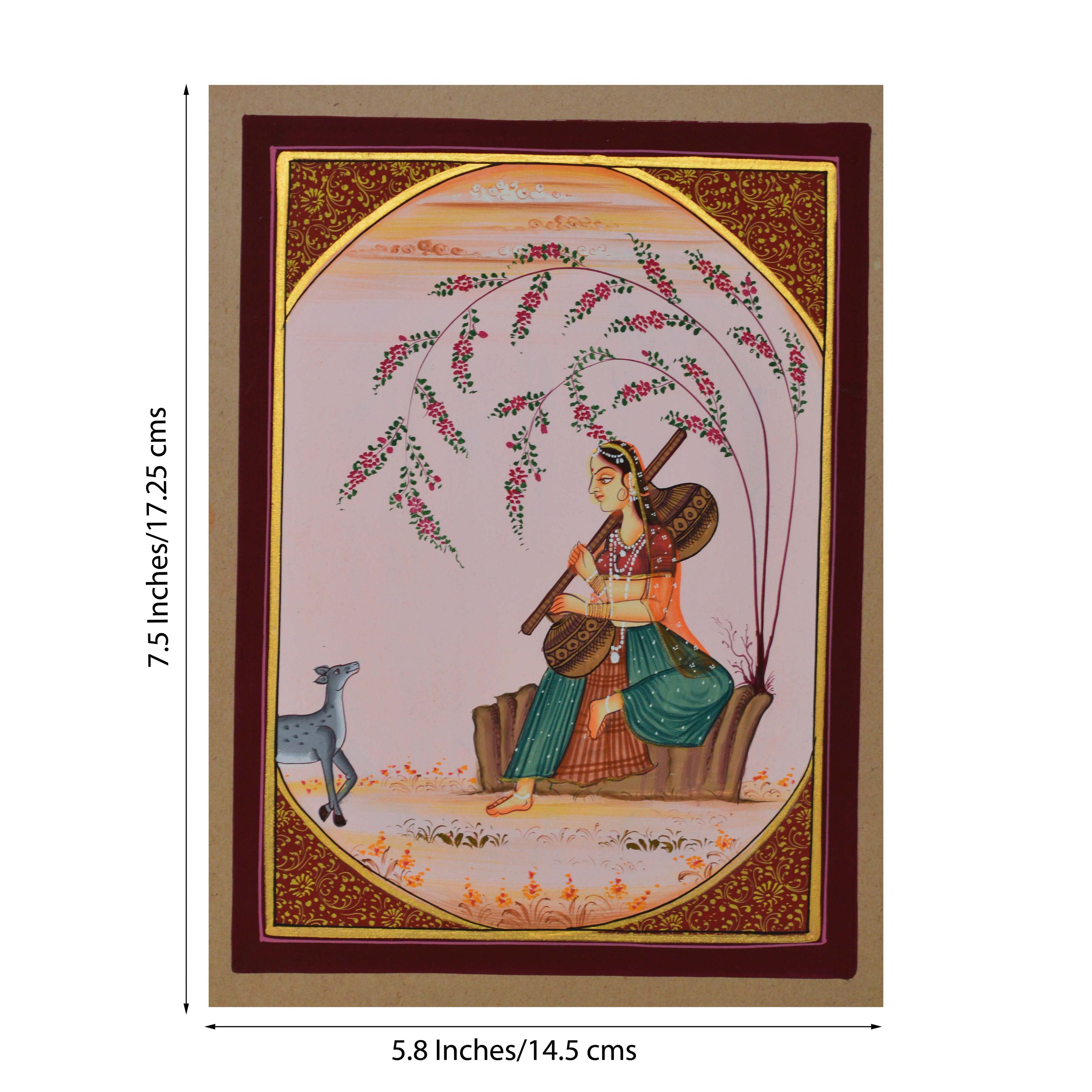 Ragini Sitting and Playing with Deer Original Art Paper Painting Kafalo