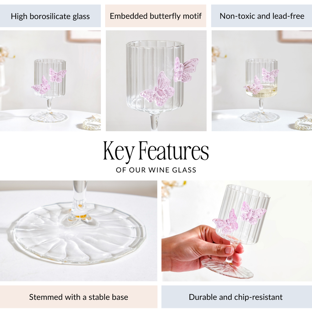 3D Pink Butterfly Ribbed Wine Glass 250ml Nestasia