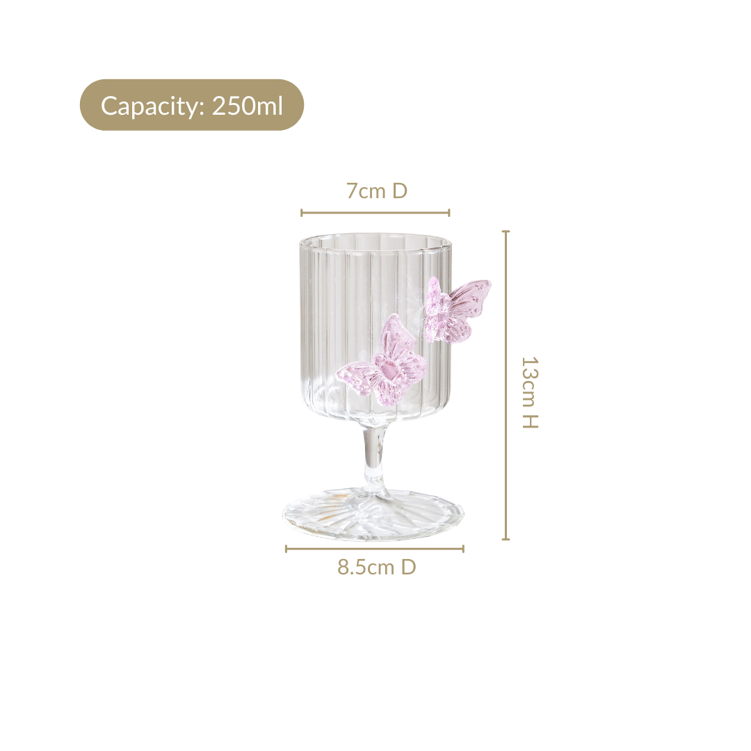 3D Pink Butterfly Ribbed Wine Glass 250ml Nestasia