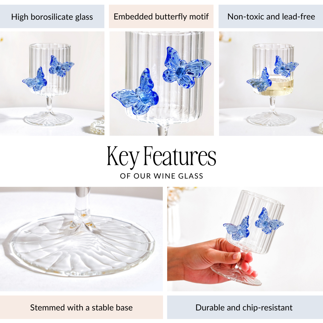 3D Butterfly Detailing Ribbed Wine Glass Blue 250ml Nestasia