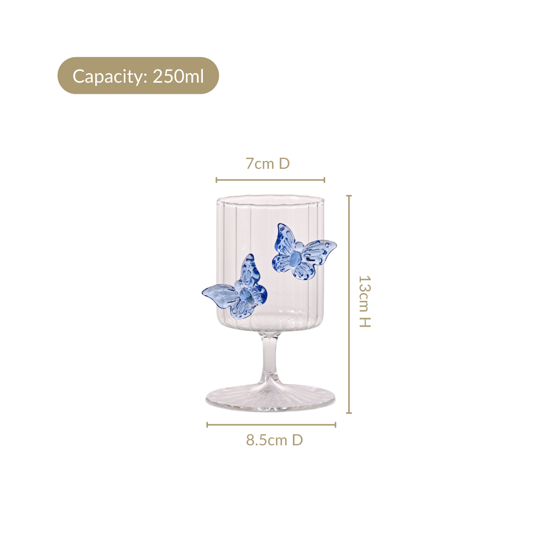 3D Butterfly Detailing Ribbed Wine Glass Blue 250ml Nestasia