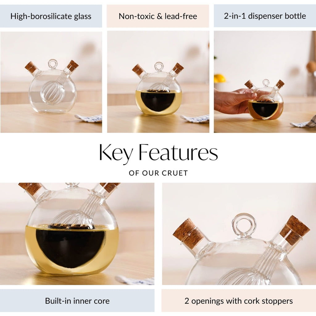 Round Reeded 2 in 1 Glass Oil Vinegar Dispenser Bottle Nestasia