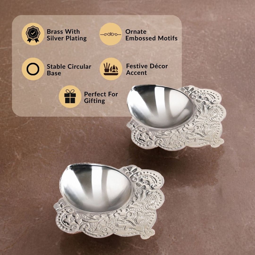 Sacred Pure Brass Diya With Silver Plating Set Of 2 In Gift Box Nestasia