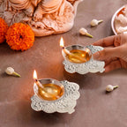 Sacred Pure Brass Diya With Silver Plating Set Of 2 In Gift Box Nestasia