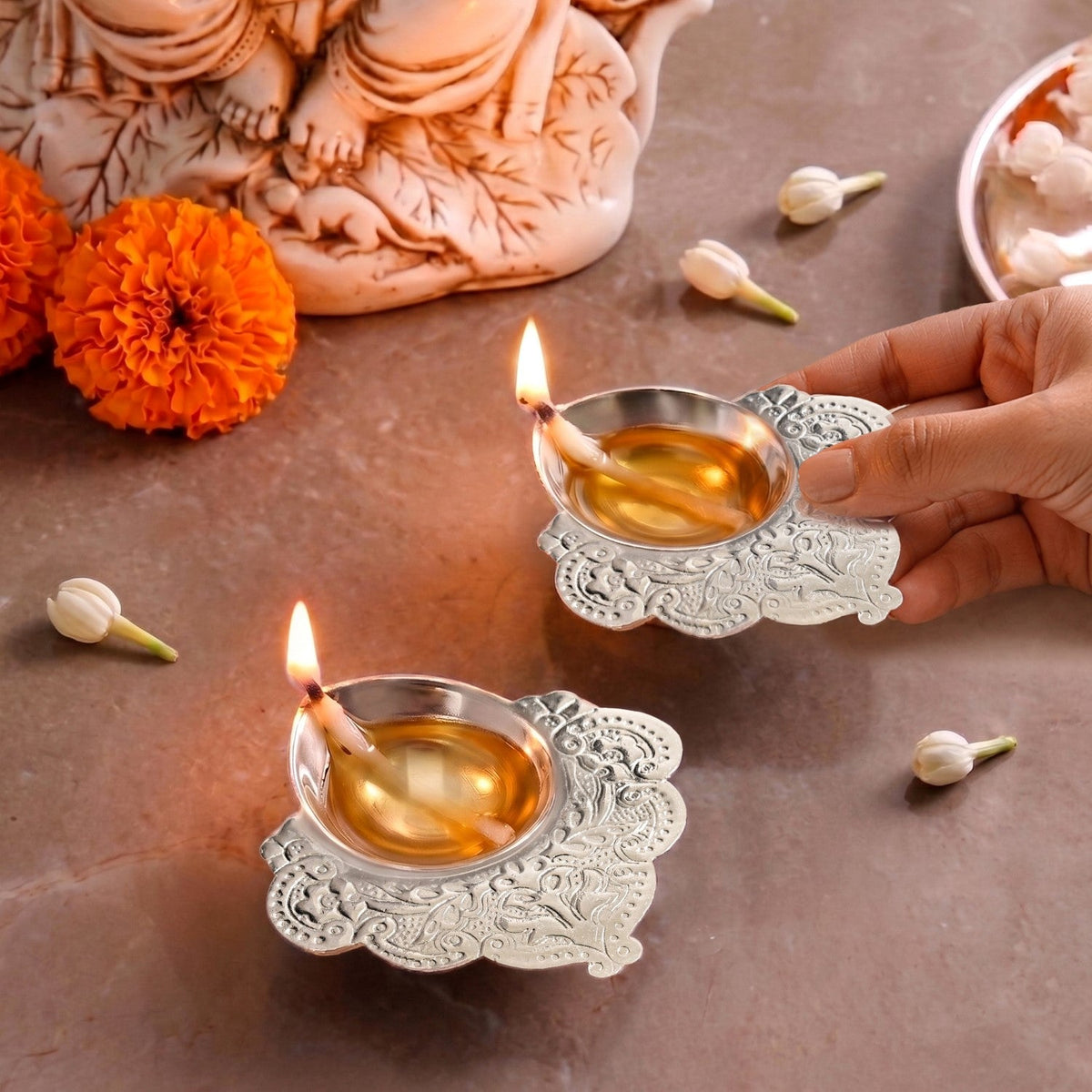 Sacred Pure Brass Diya With Silver Plating Set Of 2 In Gift Box Nestasia