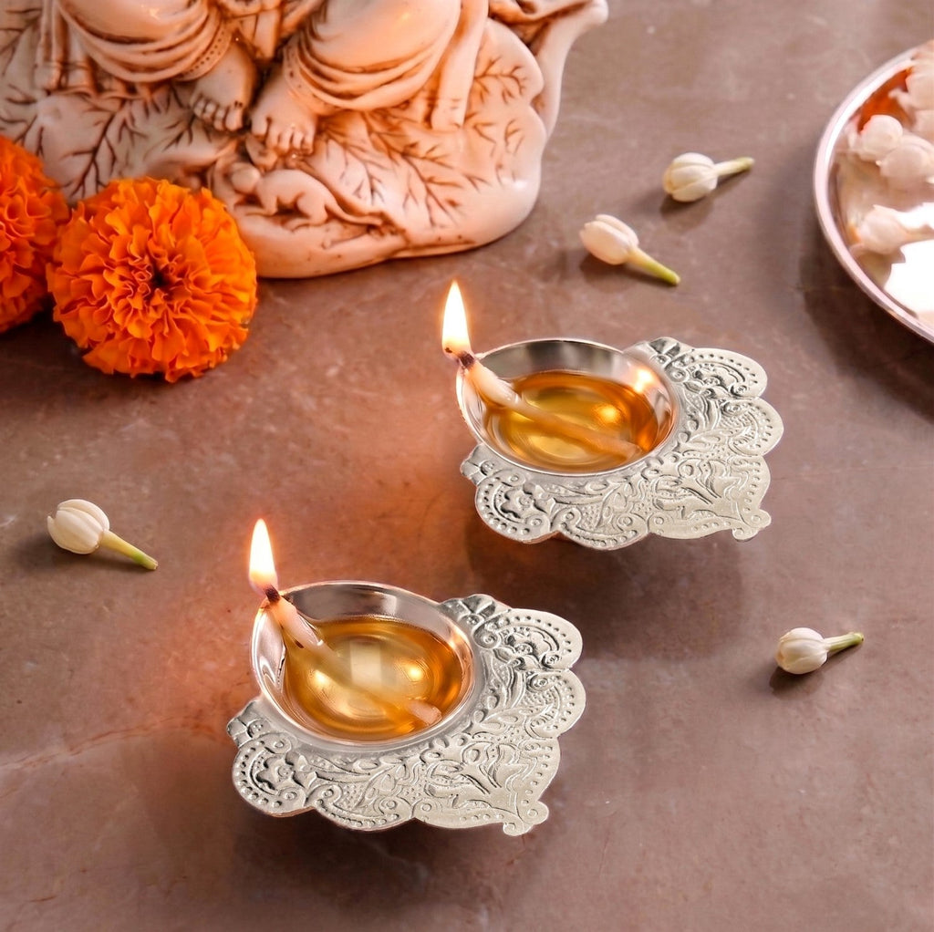 Sacred Pure Brass Diya With Silver Plating Set Of 2 In Gift Box Nestasia
