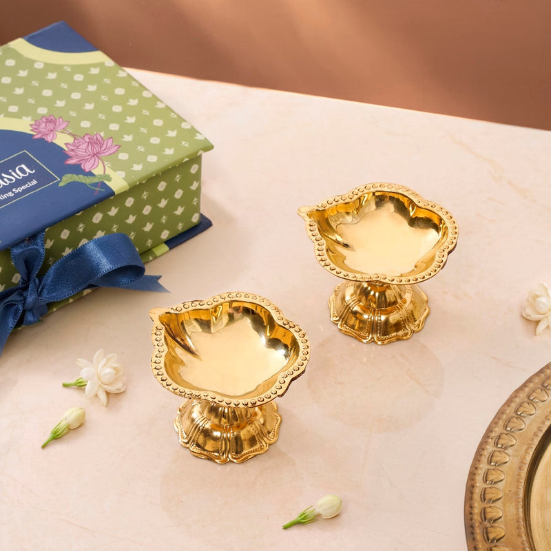 Sacred Pure Brass Puja Diya Set Of 2 In Gift Box Nestasia