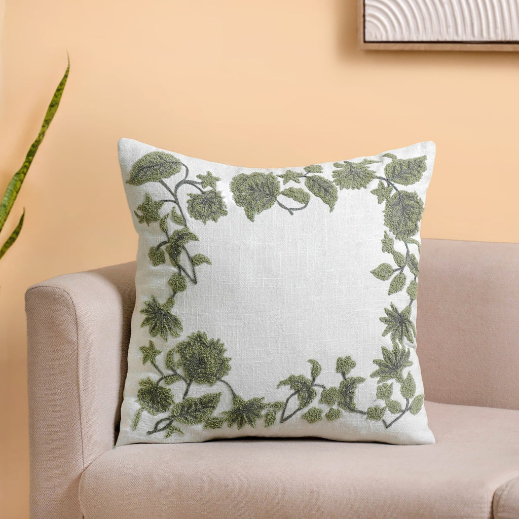 Sage Bloom Cotton Canvas Embroidered Cushion Cover 40x40cm Nestasia