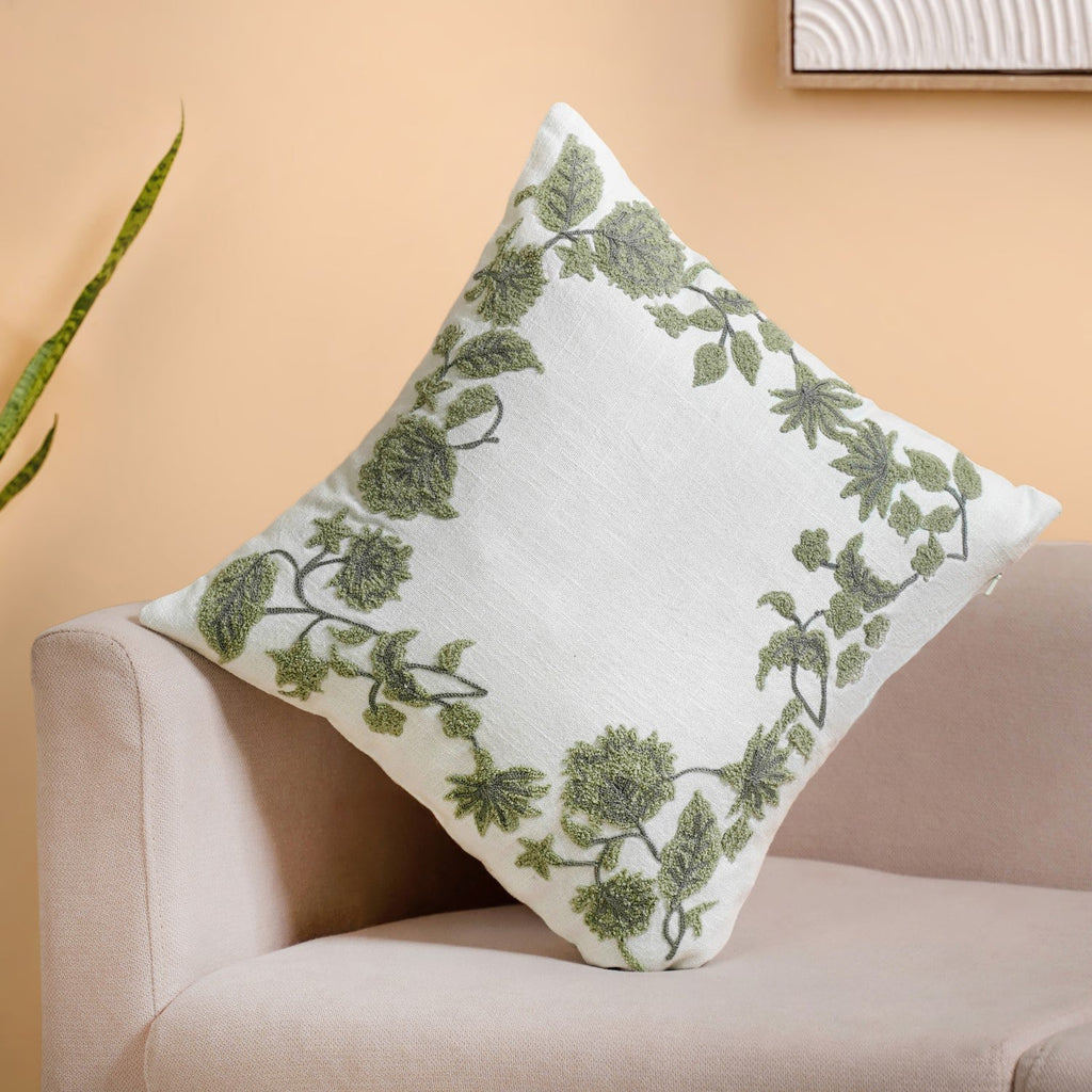 Sage Bloom Cotton Canvas Embroidered Cushion Cover 40x40cm Nestasia