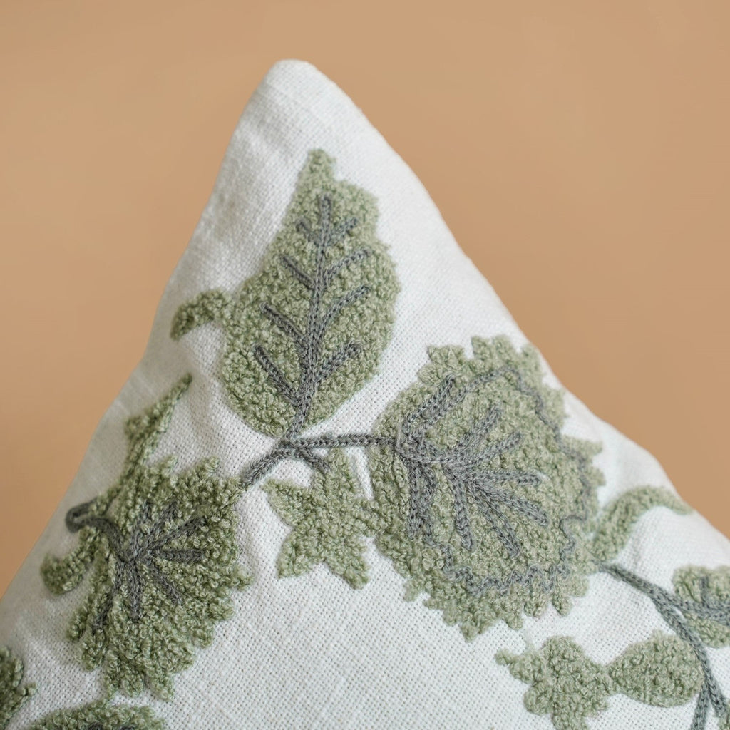 Sage Bloom Cotton Canvas Embroidered Cushion Cover 40x40cm Nestasia