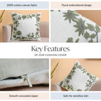 Sage Bloom Cotton Canvas Embroidered Cushion Cover 40x40cm Nestasia