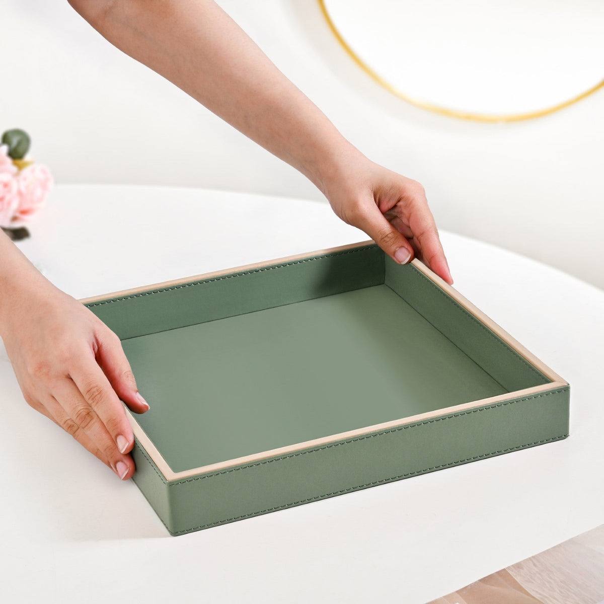 Vegan Leather Desk Organizer Tray Sage Green Nestasia