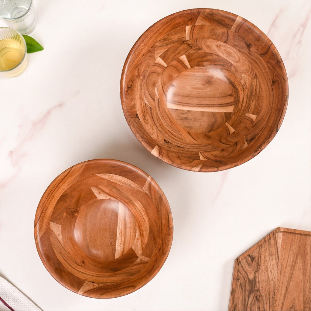 Set Of 2 Earthy Acacia Wood Salad Bowl Nestasia