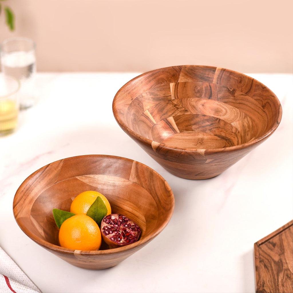 Set Of 2 Earthy Acacia Wood Salad Bowl Nestasia
