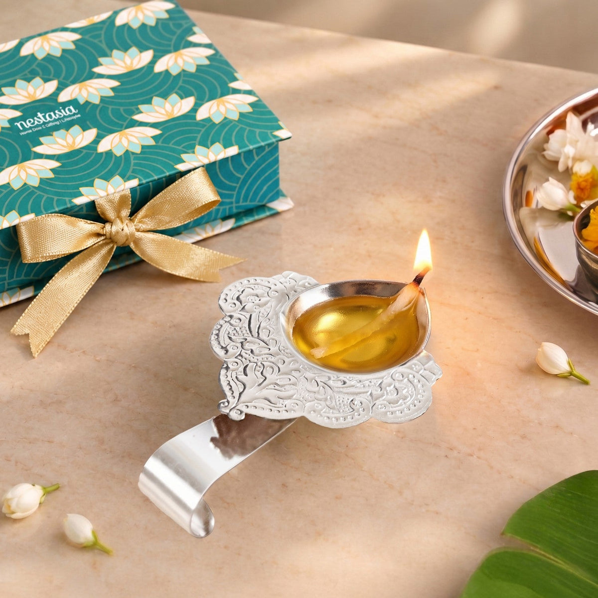 Scrollwork Silver Plated Brass Diya For Aarti In Gift Box Nestasia