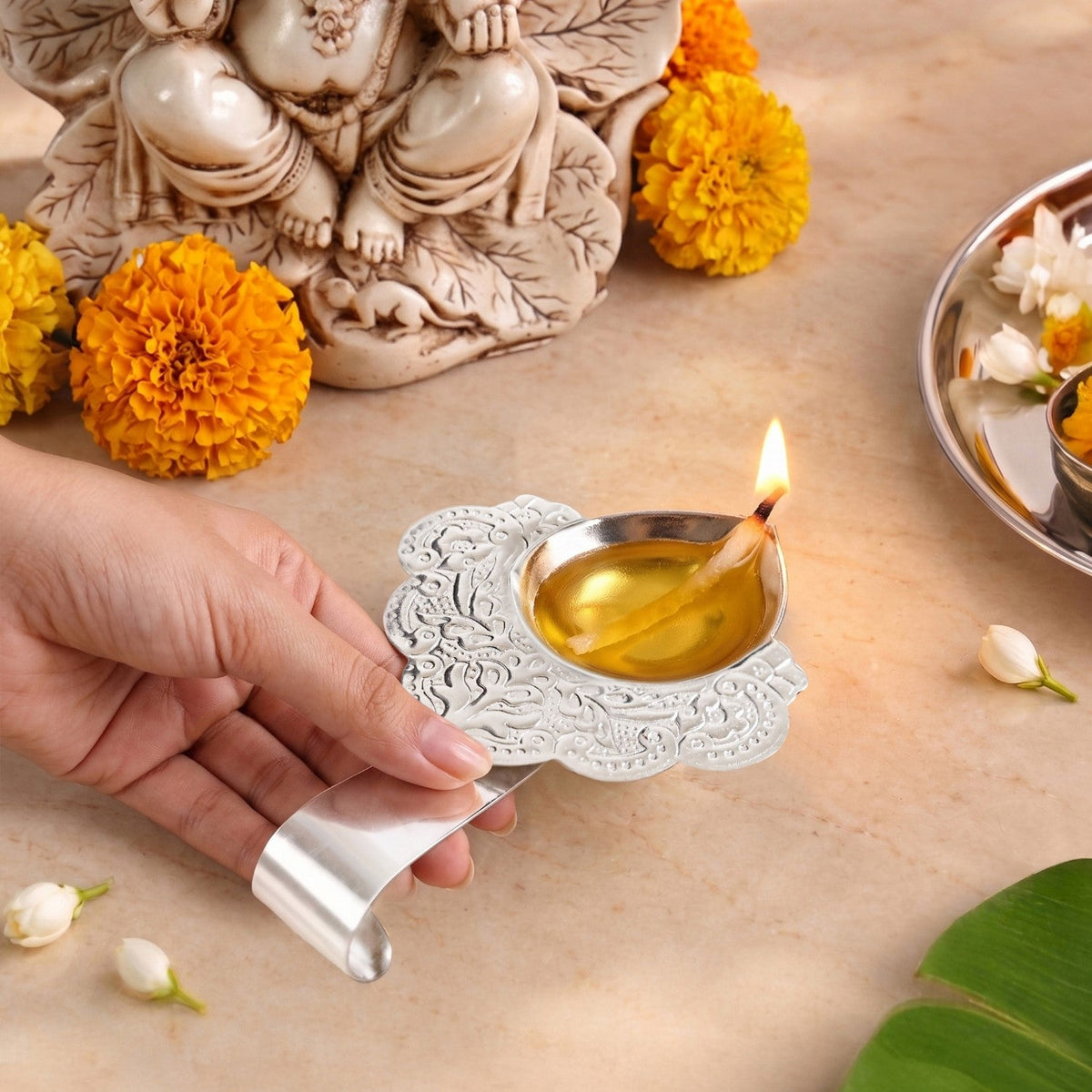 Scrollwork Silver Plated Brass Diya For Aarti In Gift Box Nestasia