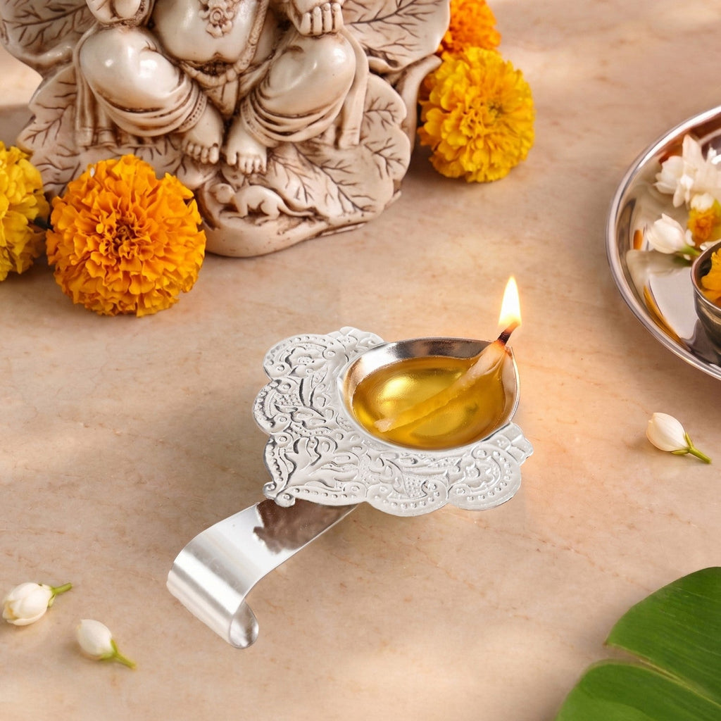 Scrollwork Silver Plated Brass Diya For Aarti In Gift Box Nestasia