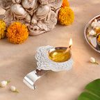 Scrollwork Silver Plated Brass Diya For Aarti In Gift Box Nestasia