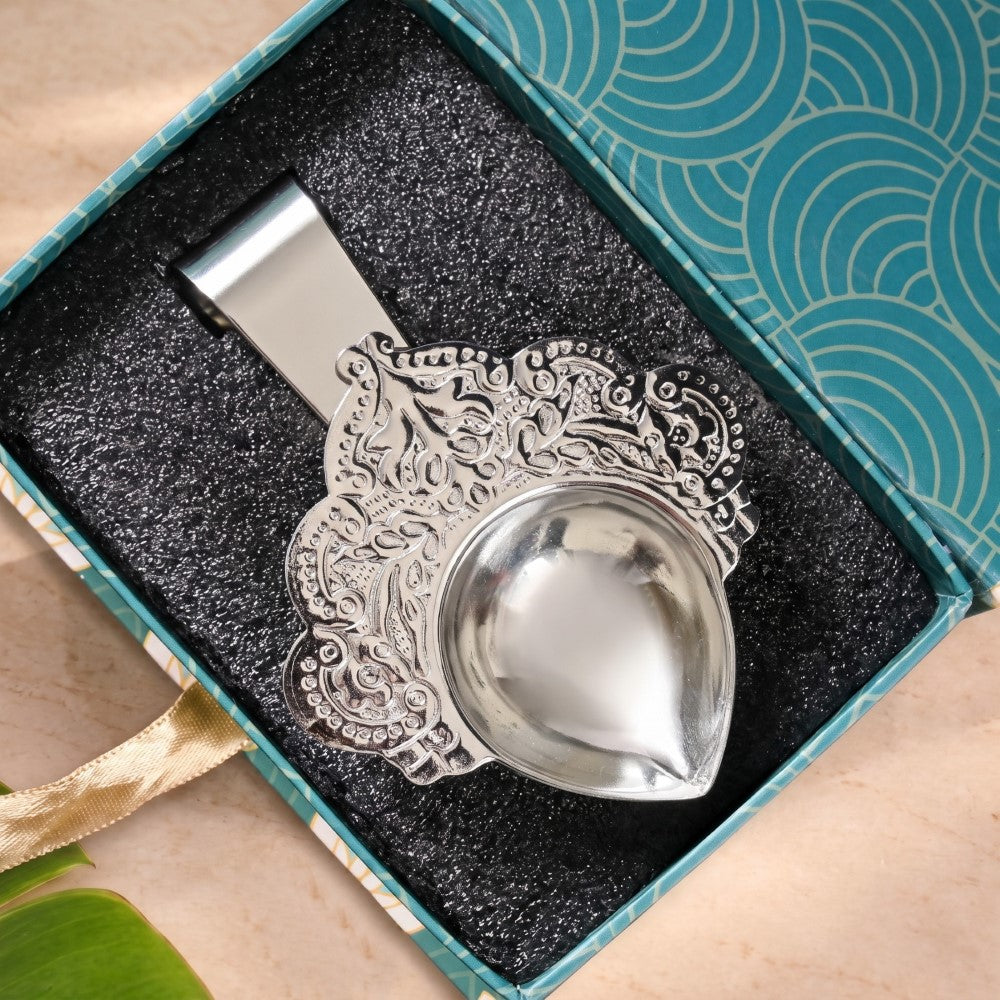 Scrollwork Silver Plated Brass Diya For Aarti In Gift Box Nestasia