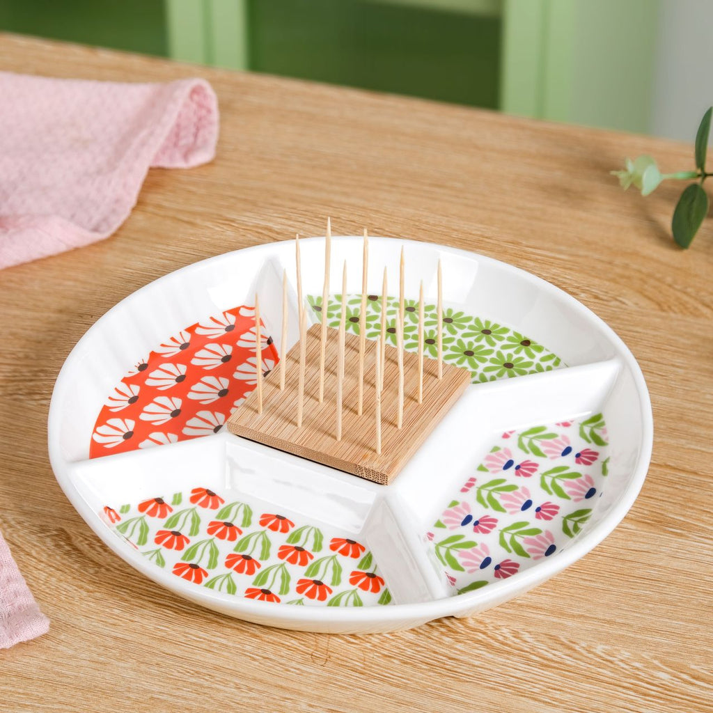 Flower Power Ceramic Section Plate With Toothpick Set 23cm Nestasia