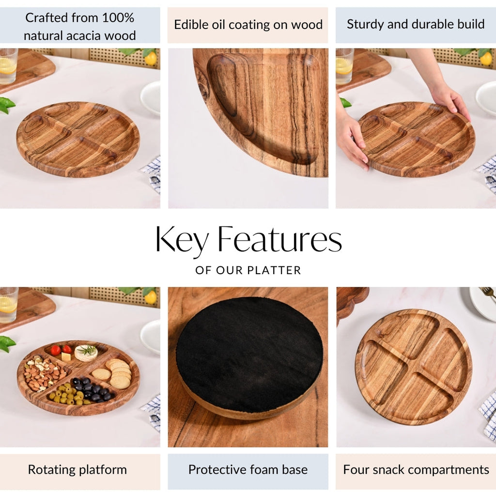 Sectioned Acacia Wood Lazy Susan Platter 30cm Nestasia
