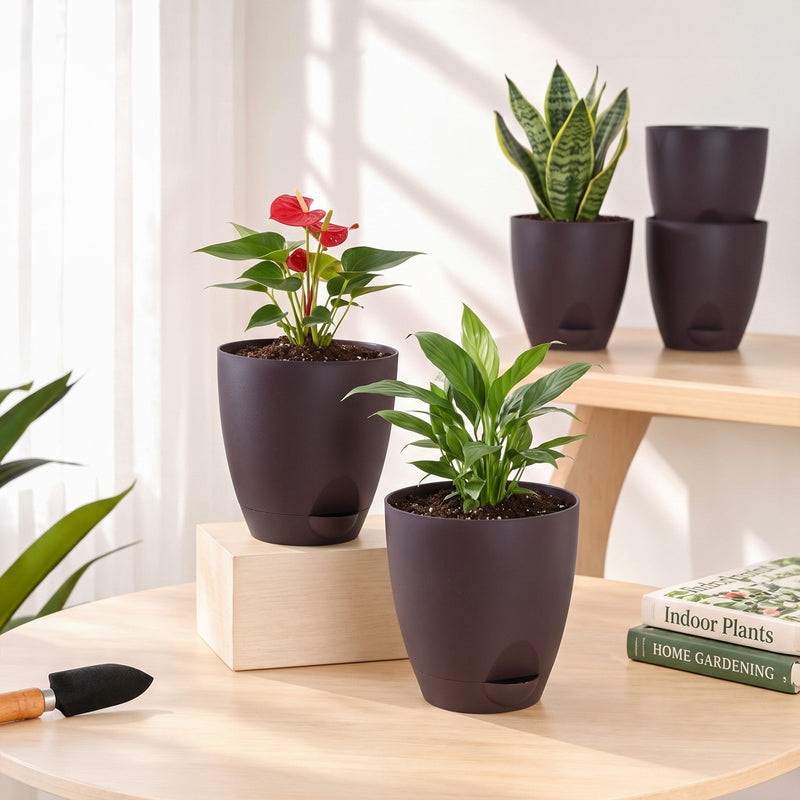 Self Watering Indoor Folia Plant Pot Coffee Brown Set Of 5 Nestasia