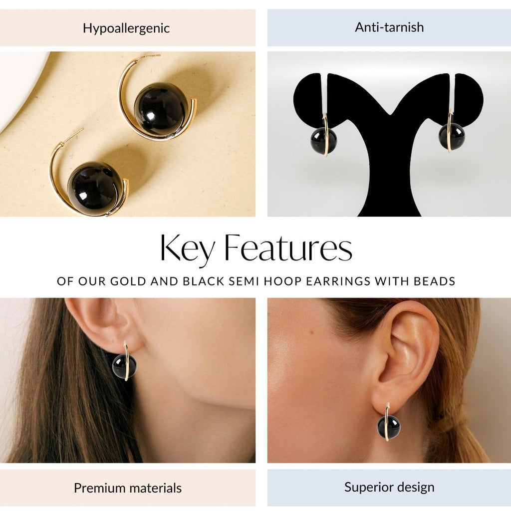 Gold And Black Semi Hoop Earrings With Beads Nestasia