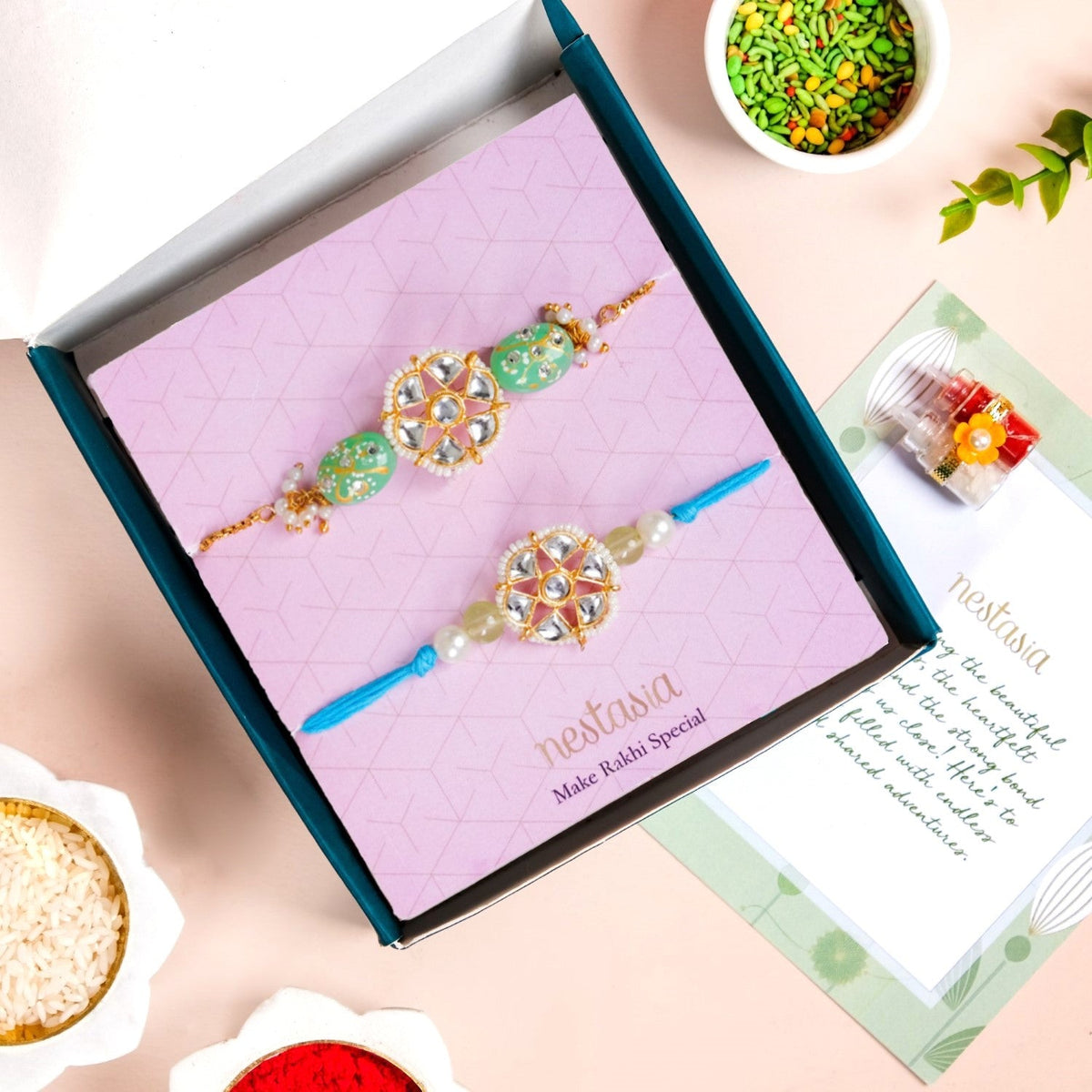 Serene Kundan Blue Rakhi Bracelet Gift Set Nestasia