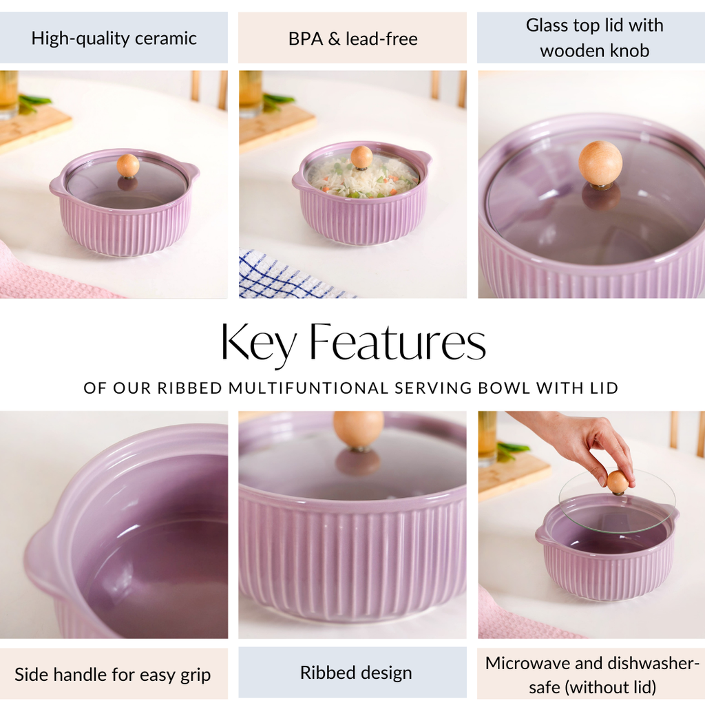 Ribbed Multifunctional Serving Bowl With Lid 950ml Nestasia