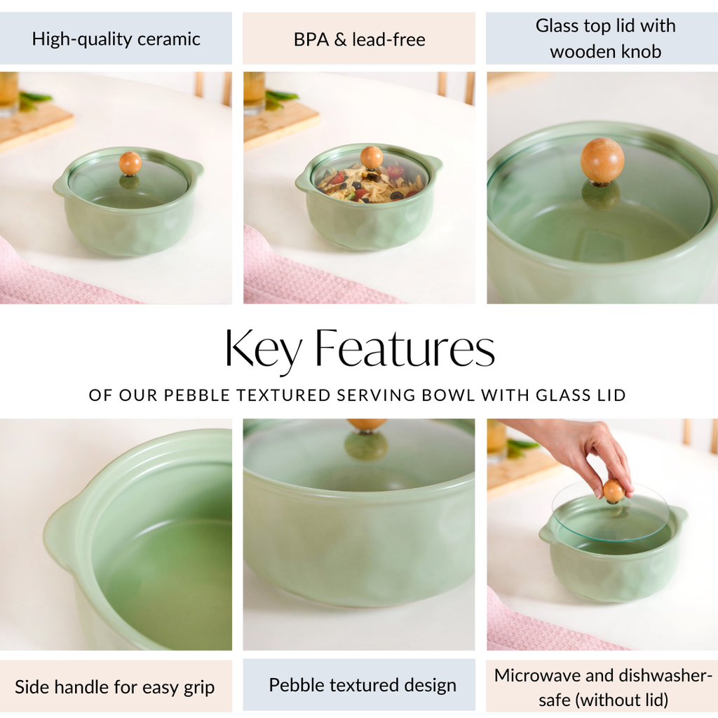 Pebble Textured Serving Bowl With Glass Lid 950ml Nestasia