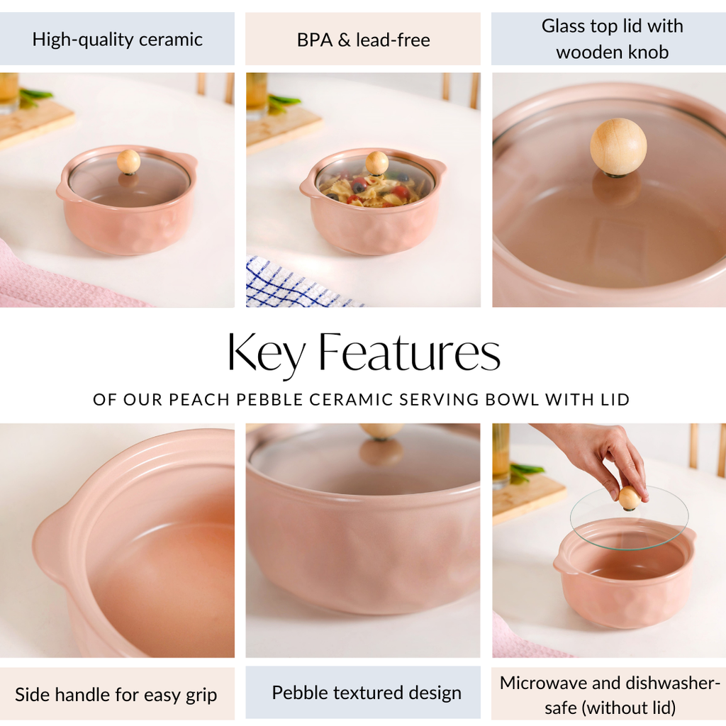 Peach Pebble Ceramic Serving Bowl With Lid 950ml Nestasia