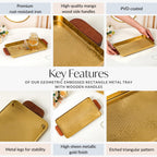 Geometric Embossed Rectangle Metal Tray With Wooden Handles Nestasia