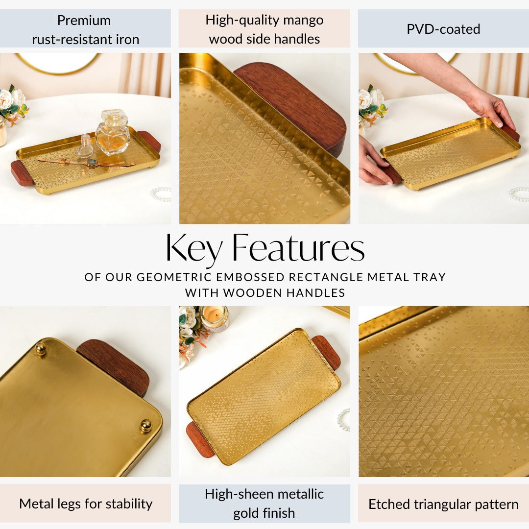 Geometric Embossed Rectangle Metal Tray With Wooden Handles Nestasia