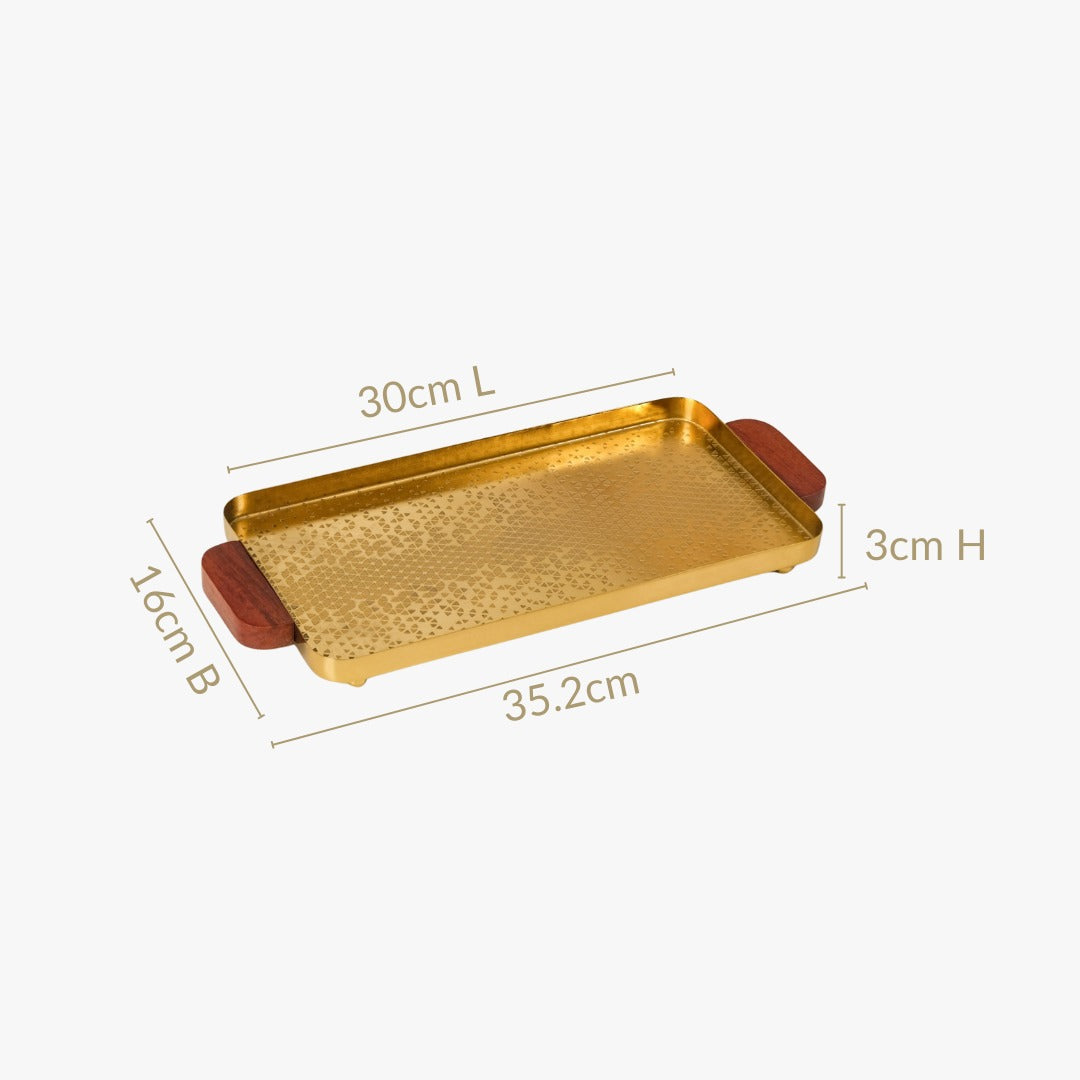 Geometric Embossed Rectangle Metal Tray With Wooden Handles Nestasia