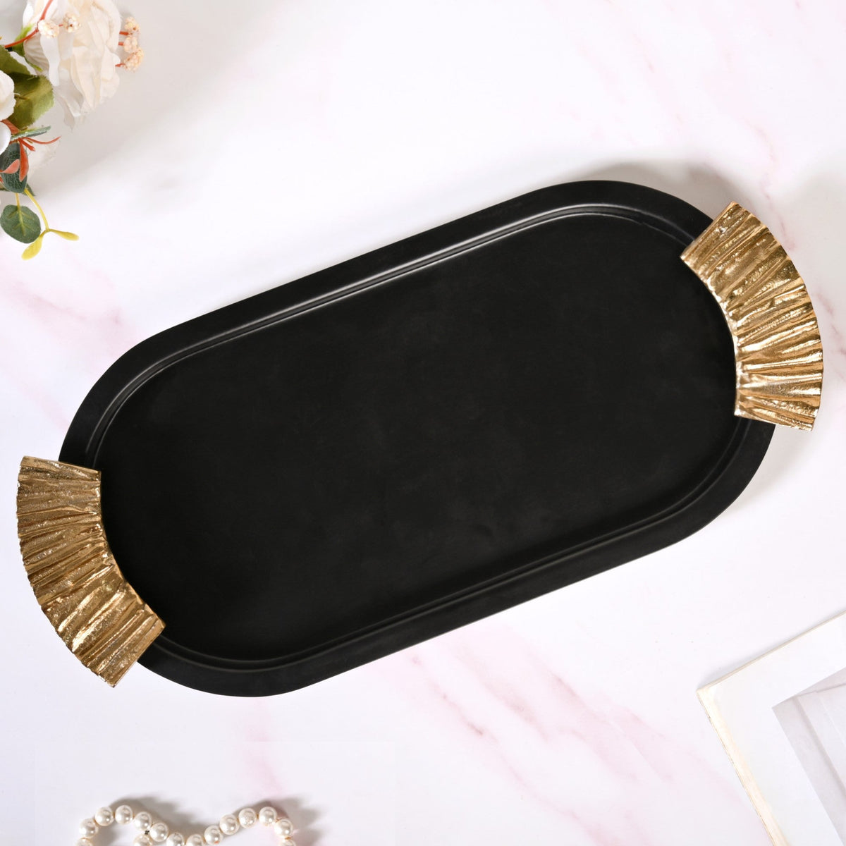 Matte Black Oval Metal Tray With Handles Nestasia