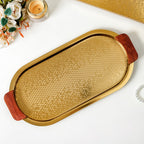 Geometric Embossed Oval Metal Tray With Wooden Handles Nestasia