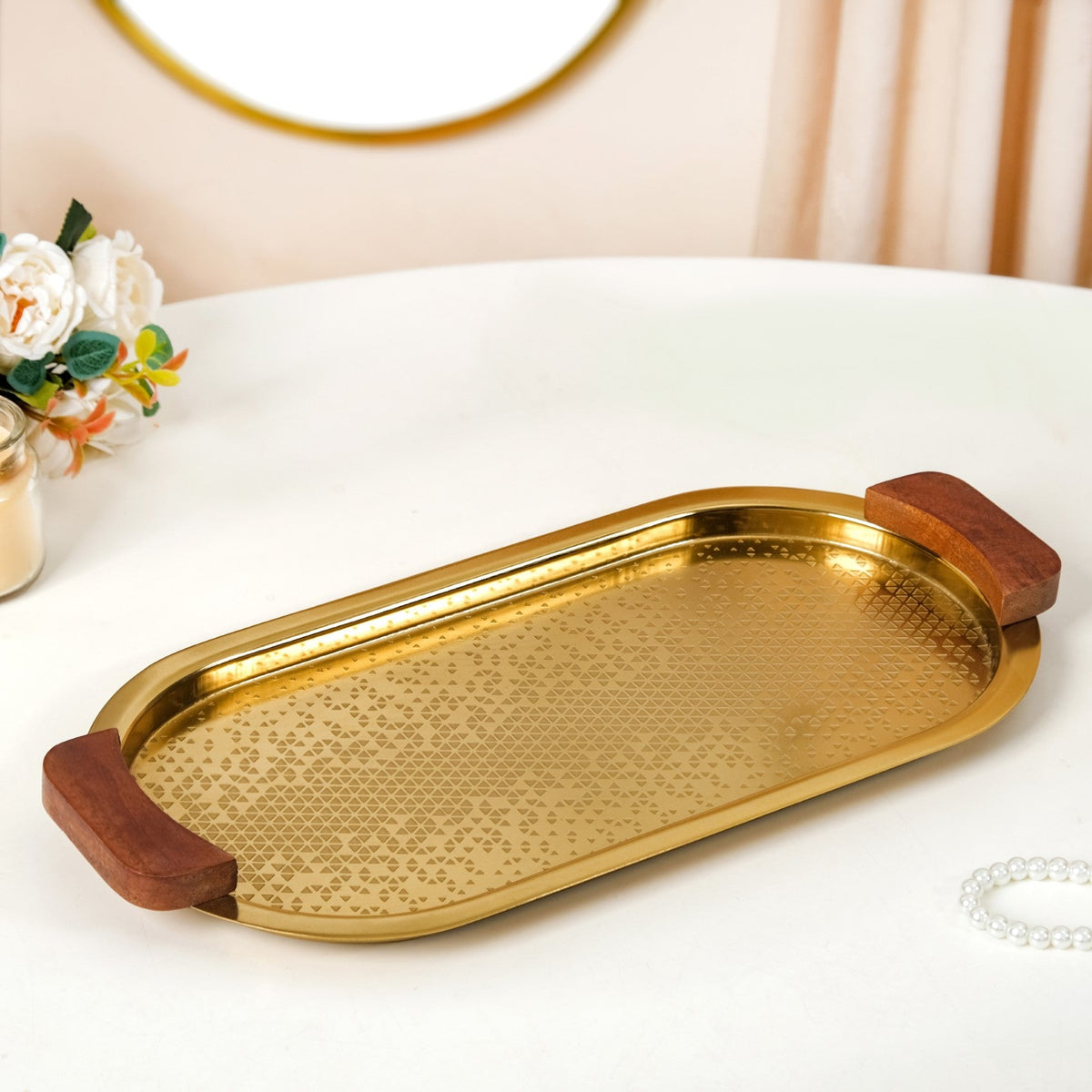 Geometric Embossed Oval Metal Tray With Wooden Handles Nestasia